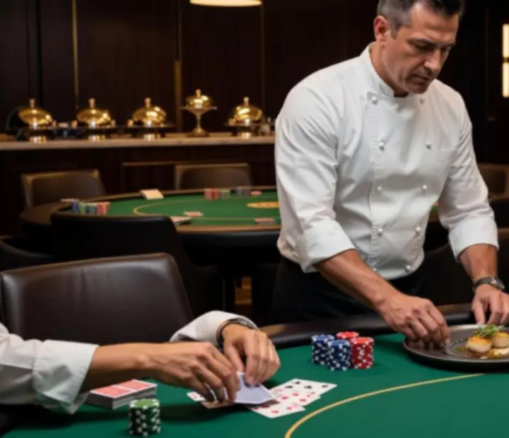 Detail žetonů a karet na pokerovém stole během tematického večera v restauraci Dum Chuti