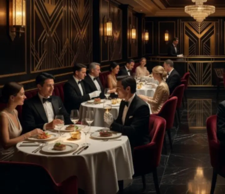 Luxusní večerní atmosféra restaurace Dum Chuti s osvětlenými stoly a kasinovým stolem v pozadí