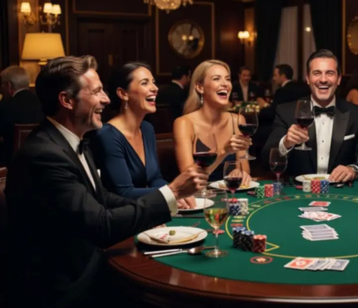 Koláž momentek hostů z gastronomických a kasinových večerů v restauraci Dum Chuti s luxusní atmosférou a elegantním servisem