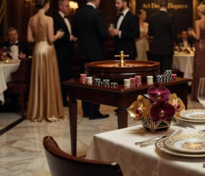 Luxusně prostřený stůl v restauraci Dum Chuti s atmosférickým nasvícením a casino detaily v pozadí
