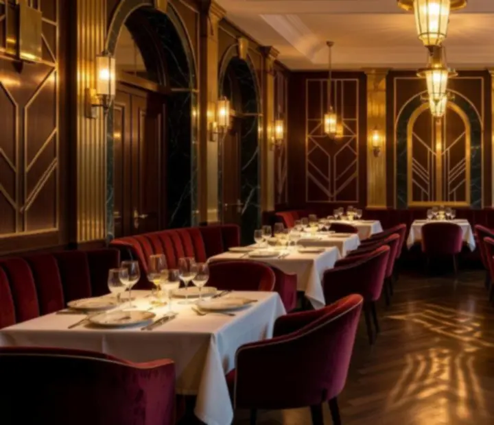Elegantní jídelní sál restaurace Dum Chuti s art deco detaily a intimním osvětlením